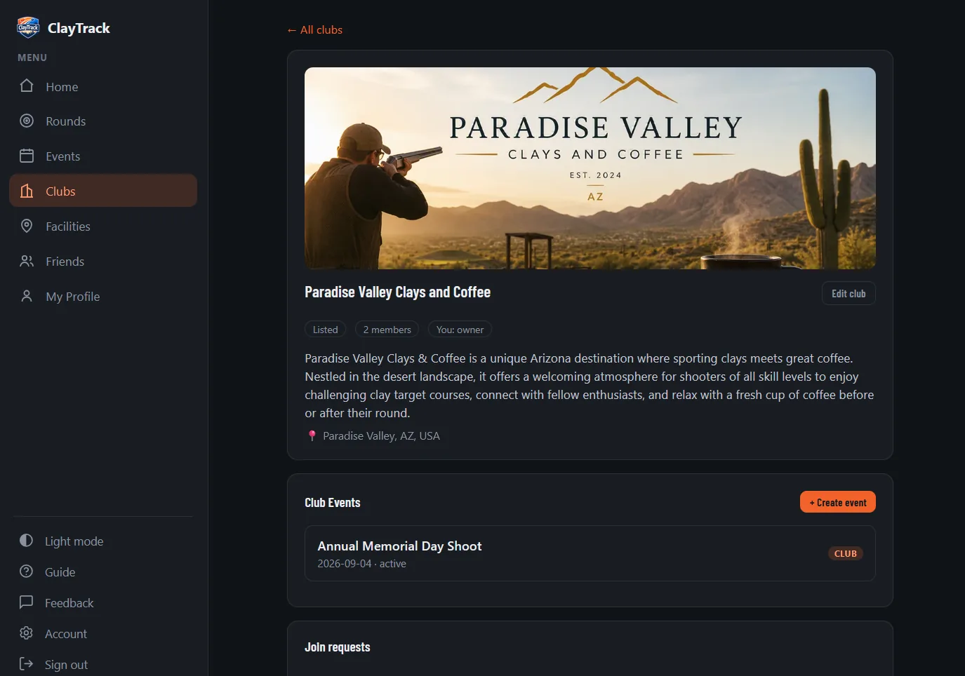 A club profile in ClayTrack — Paradise Valley Clays and Coffee, an Arizona club, with its banner photo, member and owner details, location, and a Club Events section listing an upcoming shoot.