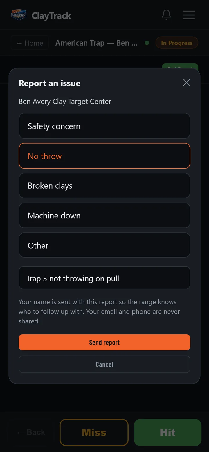 ClayTrack's Report an issue sheet open over an in-progress American Trap round at Ben Avery — Safety concern, No throw (selected), Broken clays, Machine down and Other, a note reading Trap 3 not throwing on pull, and a Send report button.
