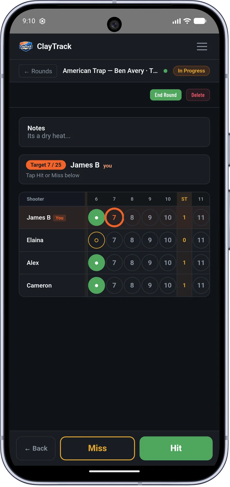 ClayTrack's live scoring screen on a phone — an American Trap round at Ben Avery in progress on target 7 of 25, with a four-shooter card showing each shooter's hits, misses and station subtotals above full-width Miss and Hit buttons.