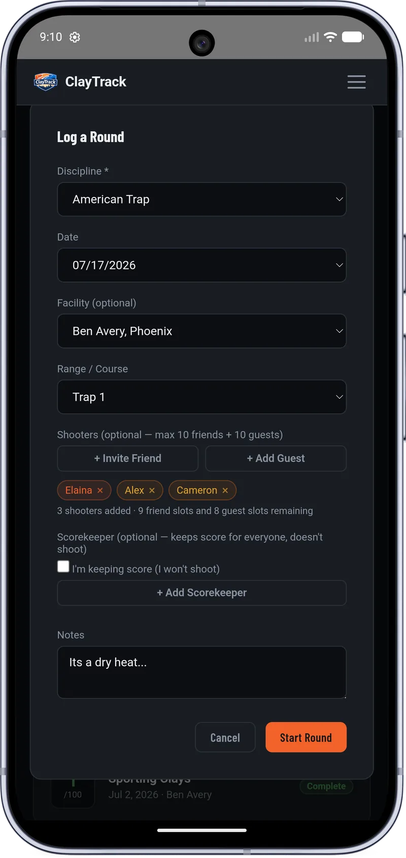 ClayTrack's Log a Round screen on a phone — American Trap chosen as the discipline at Ben Avery, Phoenix on Trap 1, with Elaina, Alex and Cameron already added to the squad, an optional scorekeeper who keeps score without shooting, and a Start Round button.