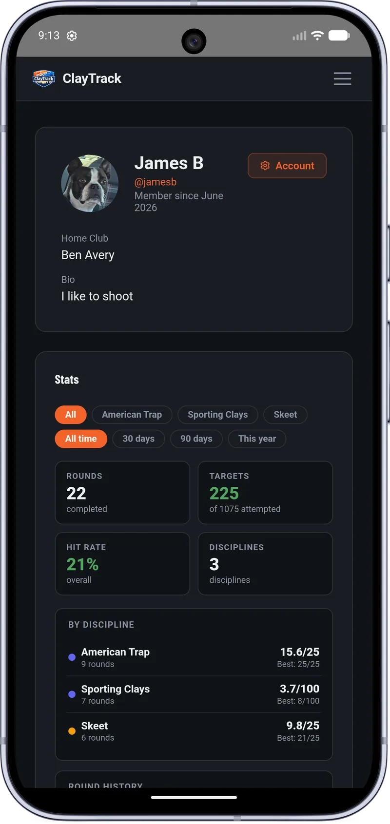 A ClayTrack shooter profile on a phone — photo, @username and home club above a stats panel filtered by discipline and time range, showing rounds completed, targets hit, overall hit rate, and a per-discipline breakdown of averages and personal bests for American Trap, Sporting Clays and Skeet.