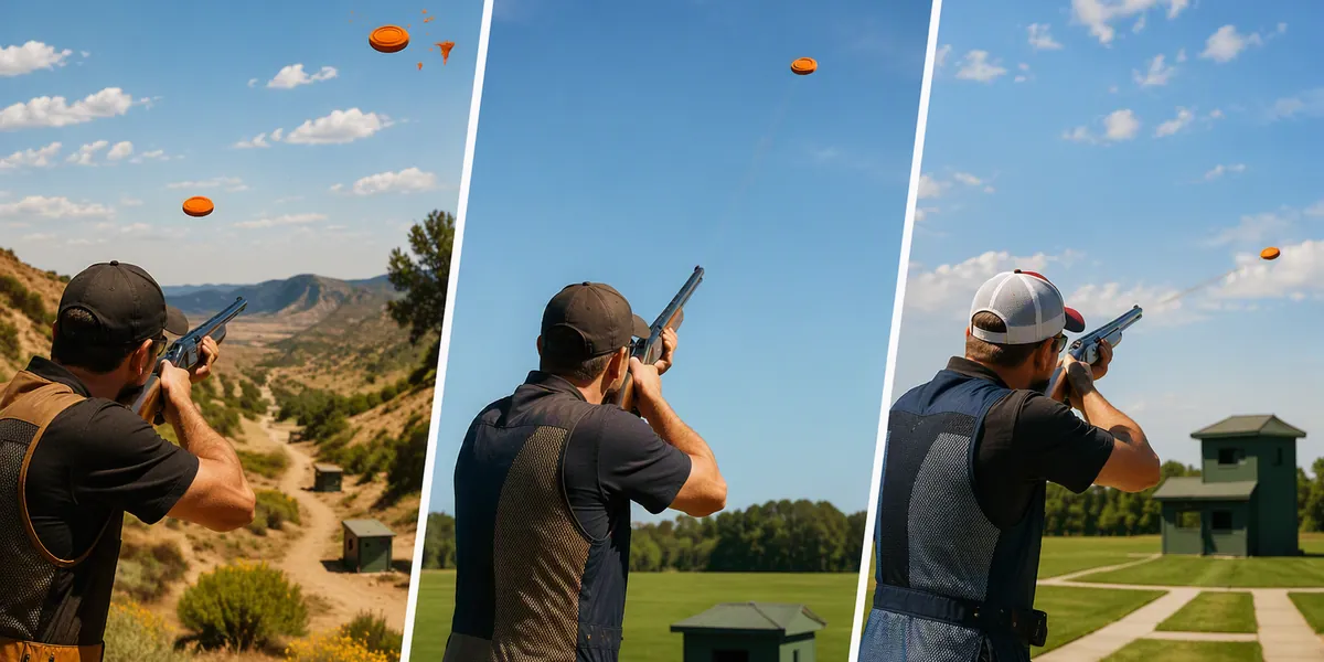 Sporting clays, skeet, and trap shooters comparing disciplines at a clay range