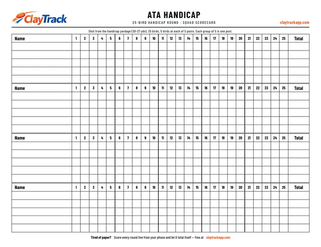 Printable ATA Handicap trap scorecard PDF — 25-bird squad card for handicap-yardage rounds, four squads per page