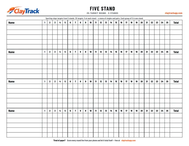 Printable Five Stand scorecard PDF — squad scoring sheet with per-stand target boxes and totals