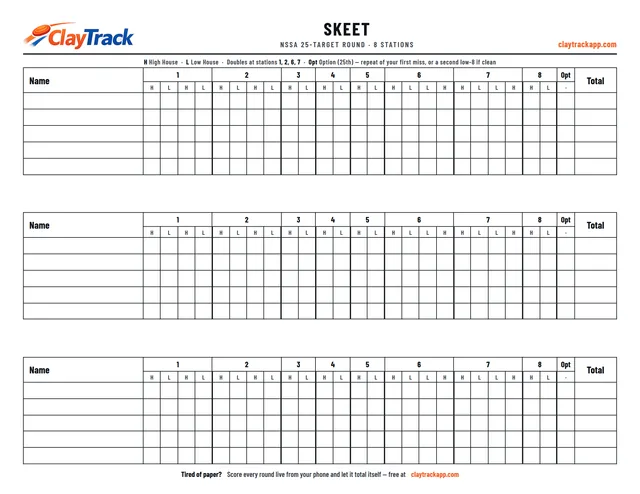 Printable skeet scorecard PDF — 8-station card with high house, low house, doubles and option-shot boxes