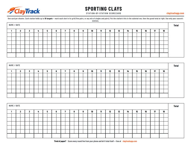 Printable sporting clays scorecard PDF — station-by-station card with up to 10 targets per station, subtotals and course total, three shooters per sheet