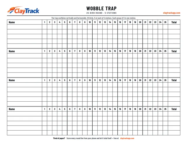 Printable Wobble Trap scorecard PDF — 25-target squad scoring sheet with a totals column
